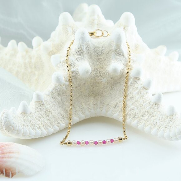 Pink Topaz & Tiny Pearl Bar Bracelet, 14k Gold Filled, Fast Shipping - Picture 4 of 10